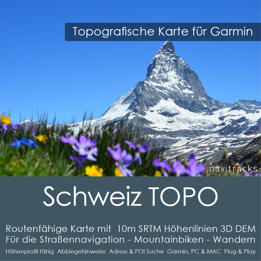 Schweiz Topo GPS Karte für Garmin mit 10m SRTM Höhelinien (Download