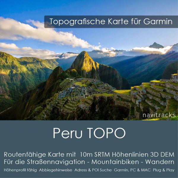 Peru Topo GPS Karte Garmin. 10m SRTM Höhenlinien (8GB microSD Karte)