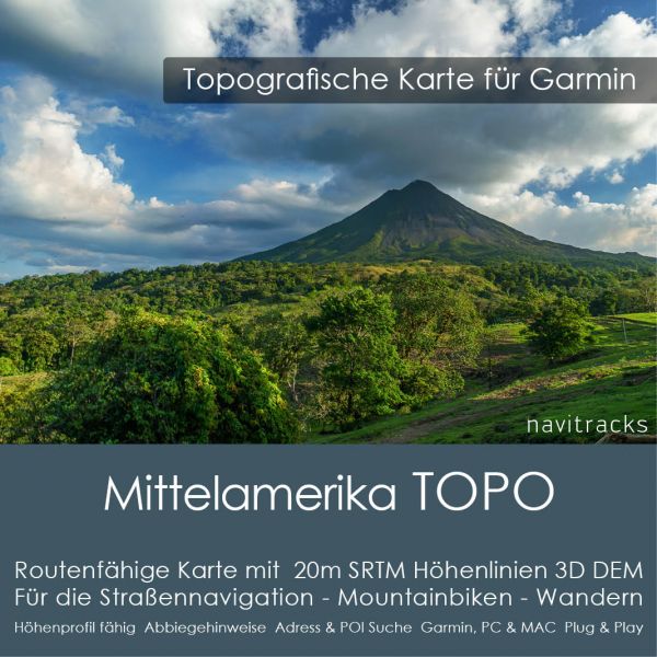 Topo KarteMittelamerika GPS Karte Garmin mit 20m SRTM Höhelinien (Download)