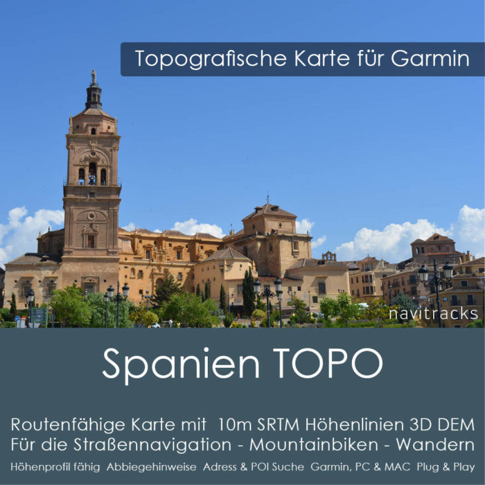 Spanien Topo GPS Karte Garmin. 10m SRTM DEM Höhenlinien 4GB micro SD Karte