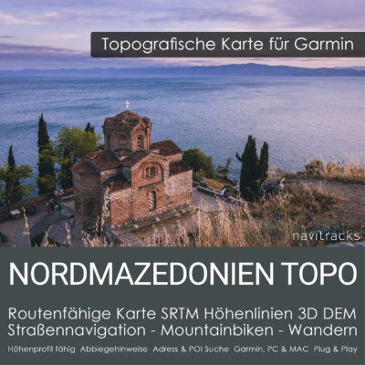 Routingfähige Topo Karte Nordmazedonien für Garmin mit SRTM Höhenlinien & 3D Hillshading. Sofort-Download inkl. Windows & Mac Installation.