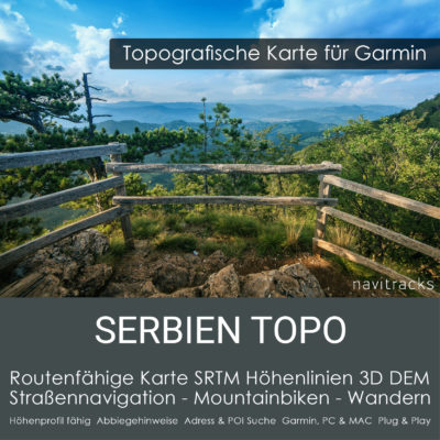Routingfähige Topo Karte Serbien für Garmin mit SRTM Höhenlinien & 3D Hillshading. Sofort-Download inkl. Windows & Mac Installation.